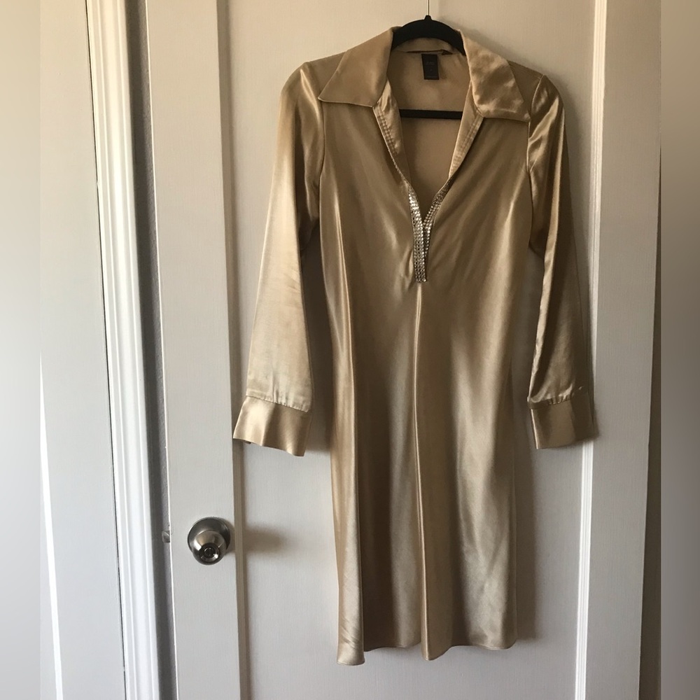 Gold Satin Rhinestone Collard Dress 4